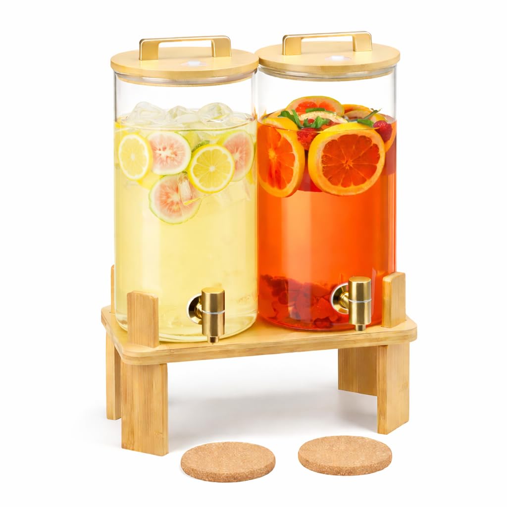 1.5 Gallon Glass Drink Dispenser with Wooden Stand L45713