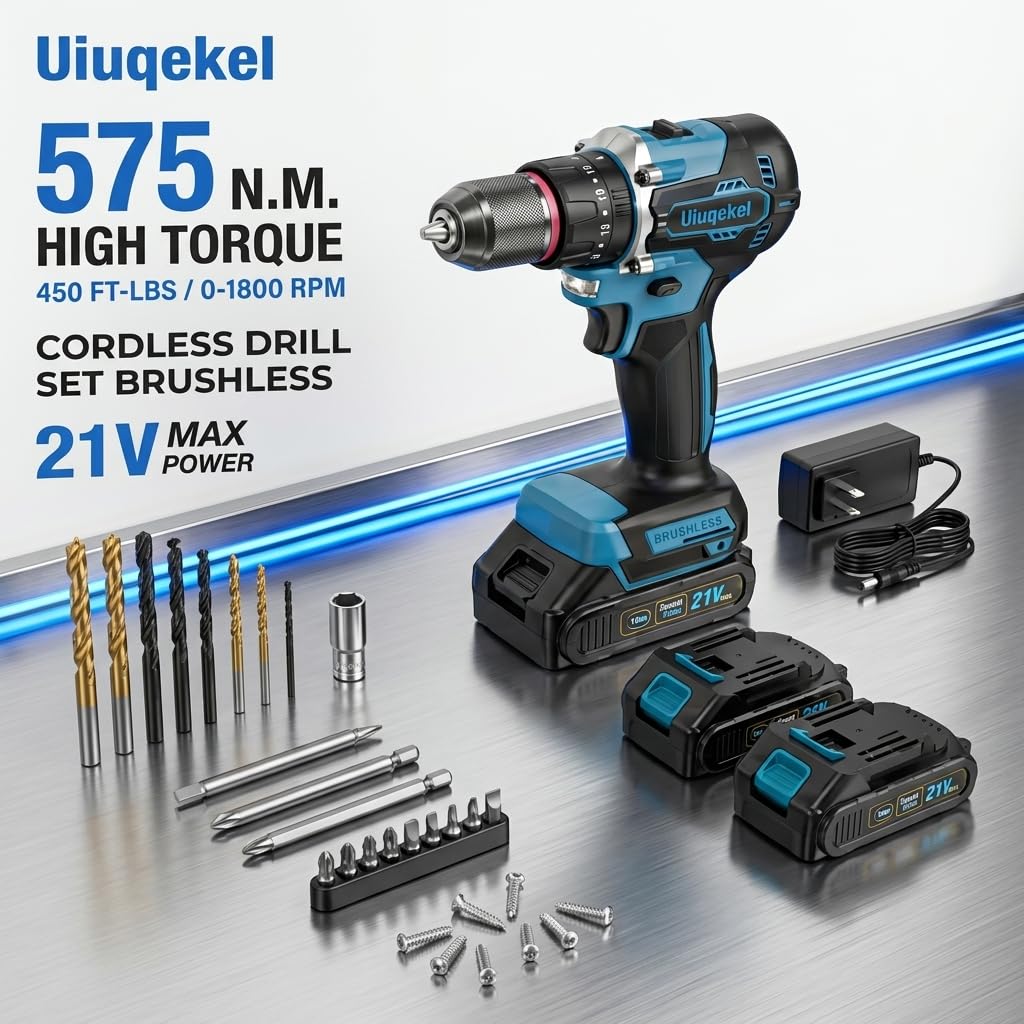 21V Brushless Cordless Drill Driver Kit with 2 Batteries & Charger P849969