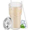 20 oz Clear Ribbed Glass Tumbler with Lid and Straw Y77248