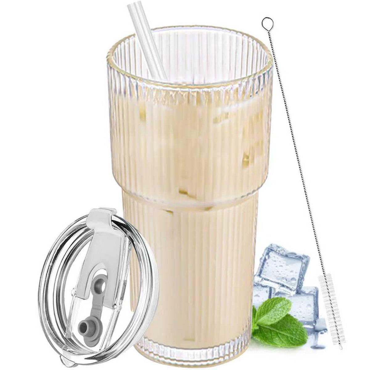 20 oz Clear Ribbed Glass Tumbler with Lid and Straw Y77248