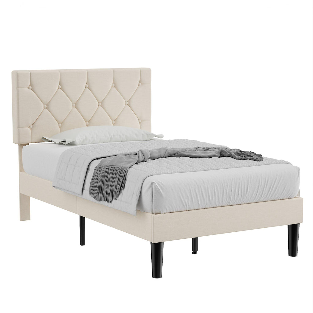 Twin Bed Frame with Upholstered Tufted Headboard, Beige C791