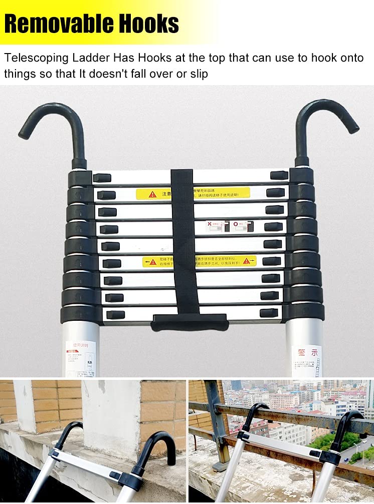 Telescopic Ladder 20ft/23ft/26ft Aluminum with Hook & Stabilizer Bar R9385