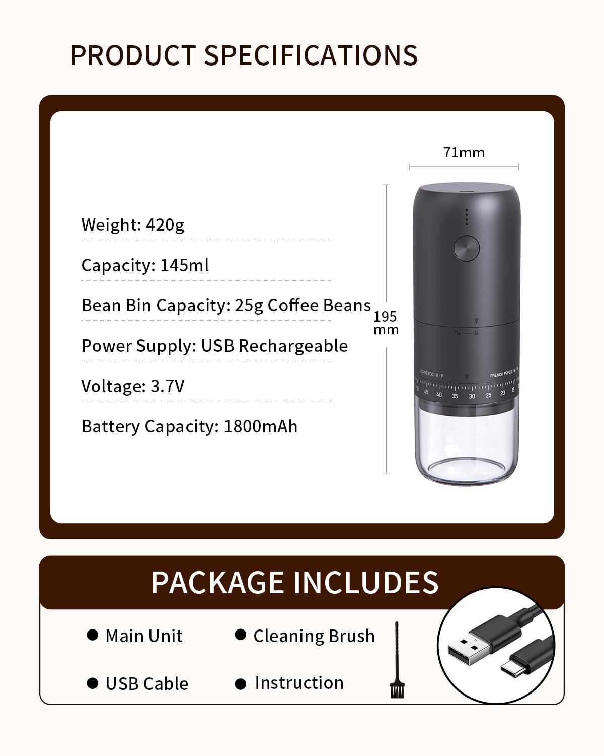 Rechargeable Electric Burr Coffee Grinder with Stainless Steel Conical Burr, Black A28730