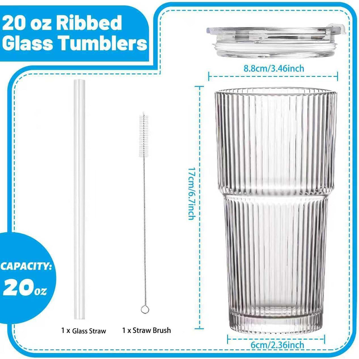20 oz Clear Ribbed Glass Tumbler with Lid and Straw Y77248