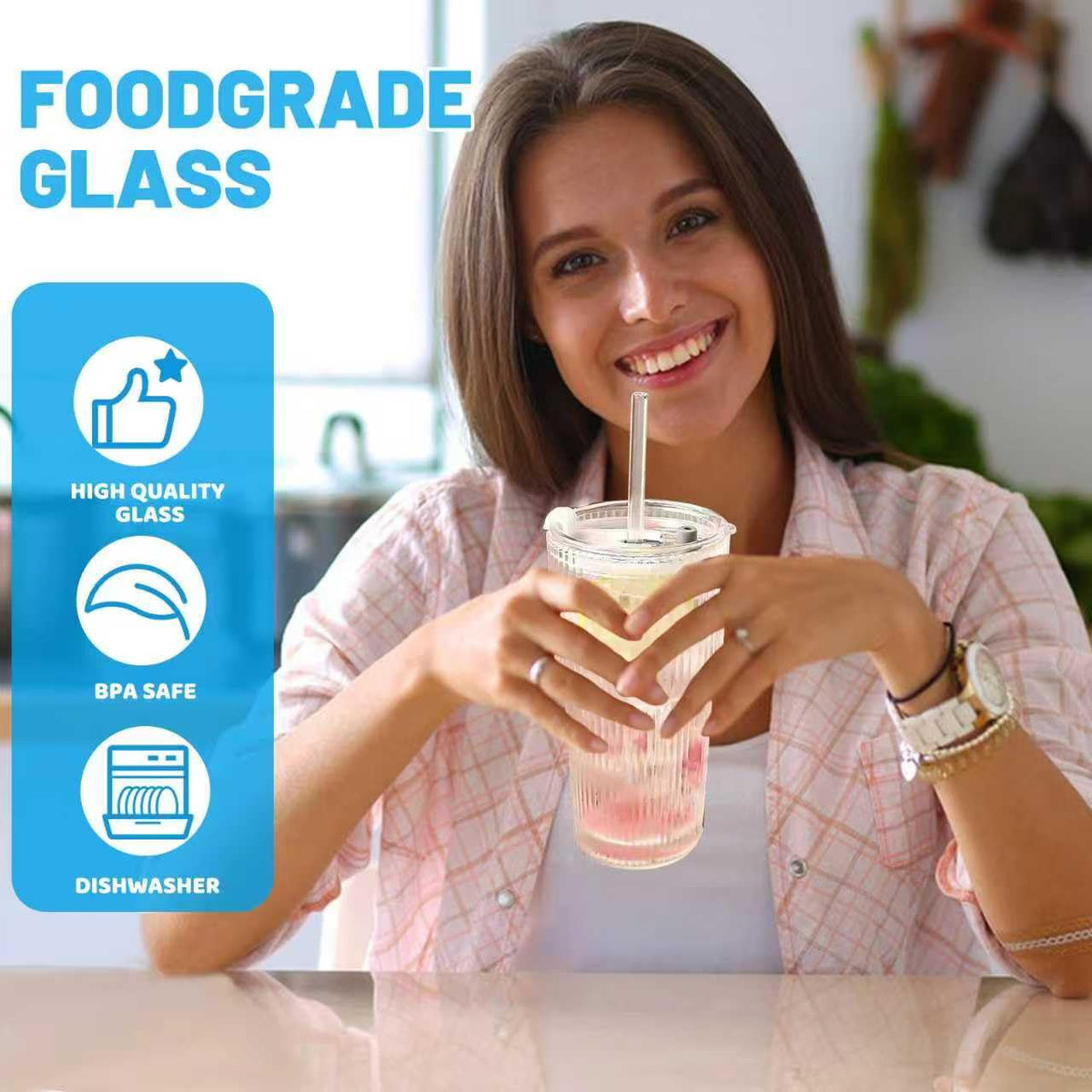 20 oz Clear Ribbed Glass Tumbler with Lid and Straw Y77248