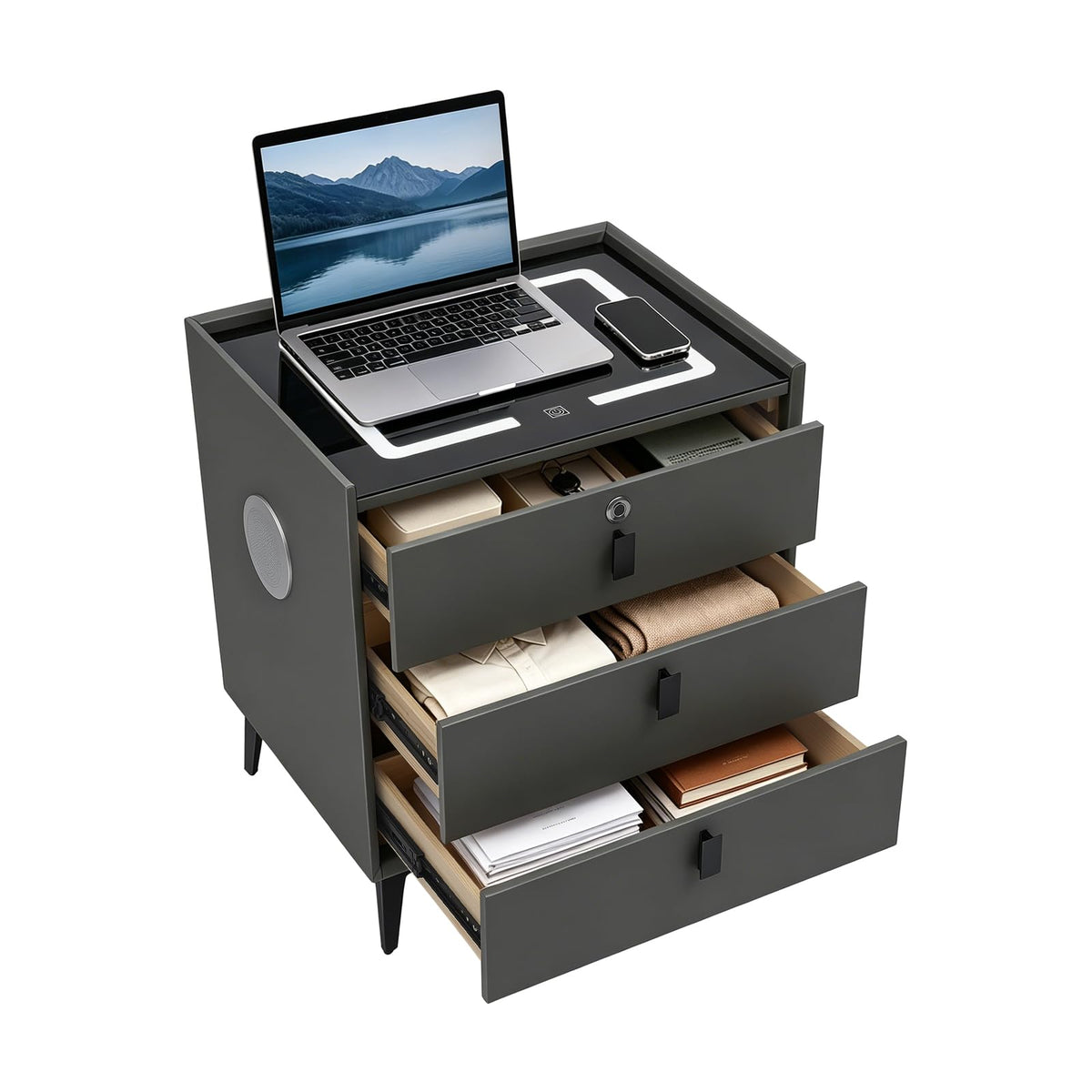 Solid Wood Nightstand with Charging Station F558