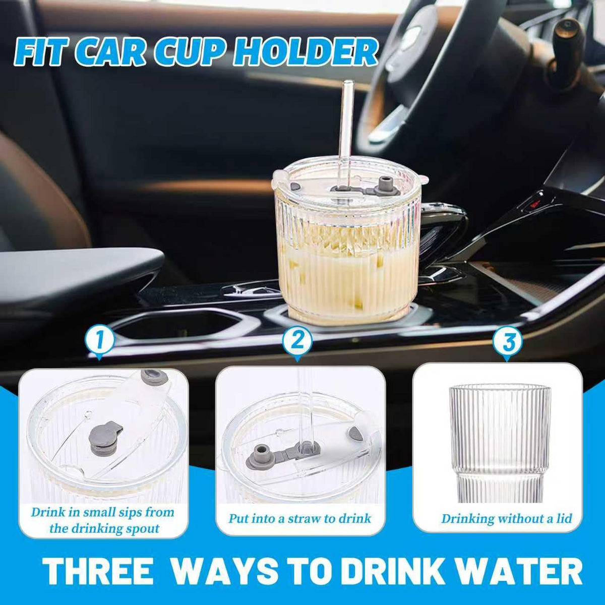 20 oz Clear Ribbed Glass Tumbler with Lid and Straw Y77248