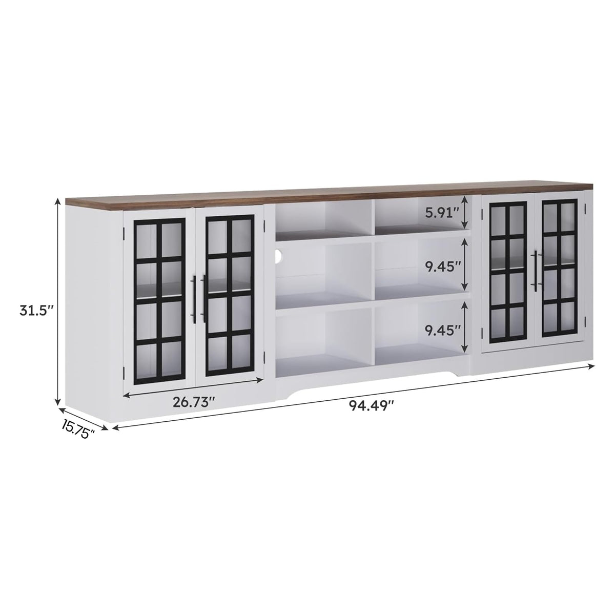 White Black TV Stand with 2 Cabinets and 3-Tier Shelves Z4148