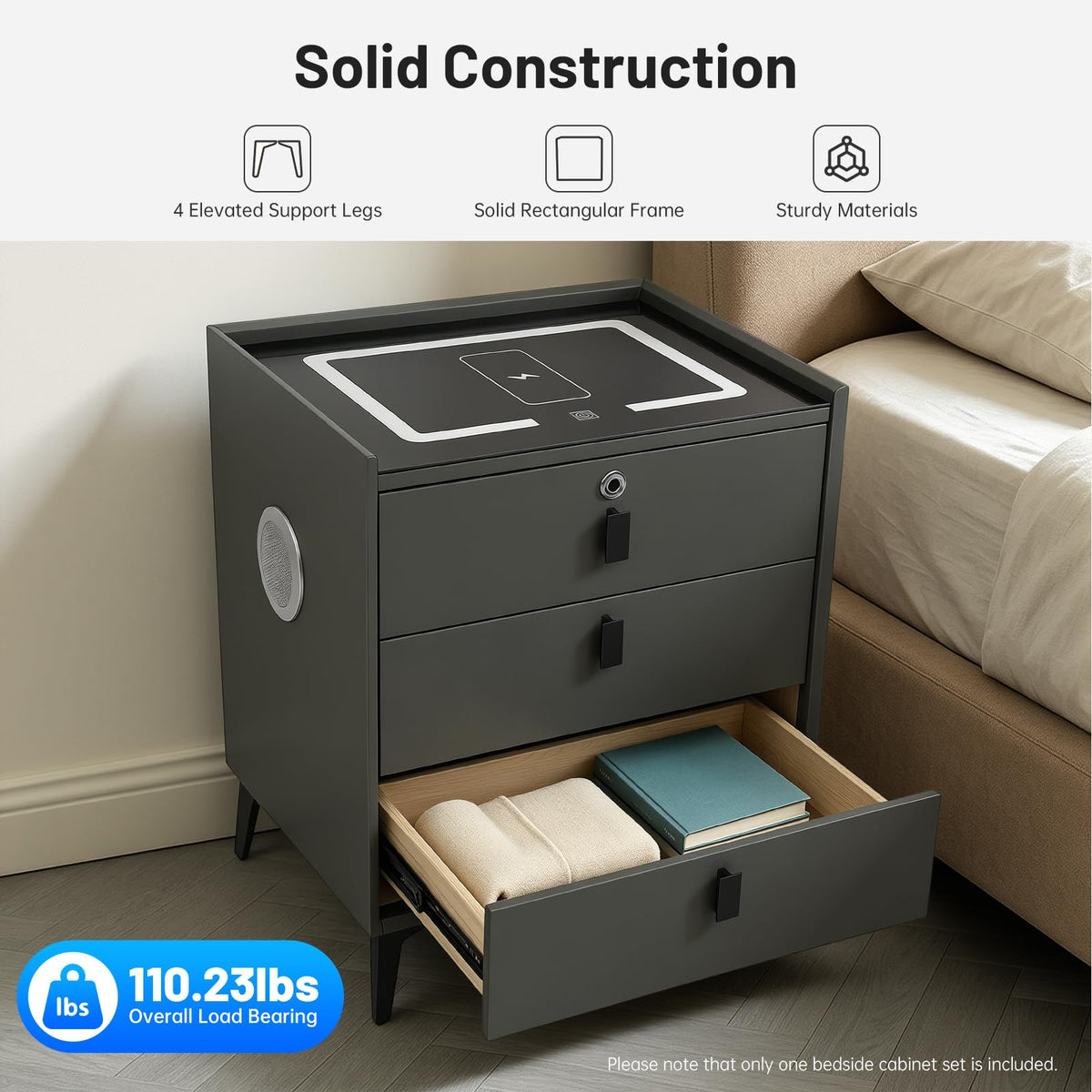Solid Wood Nightstand with Charging Station F558