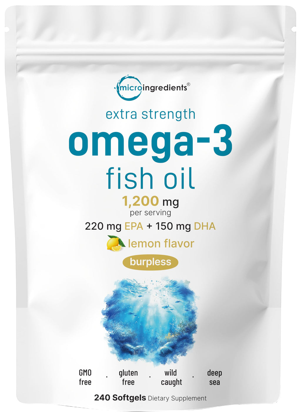 Omega 3 Fish Oil 1,200mg 240 Softgels Lemon Flavored Burpless EPA DHA T887