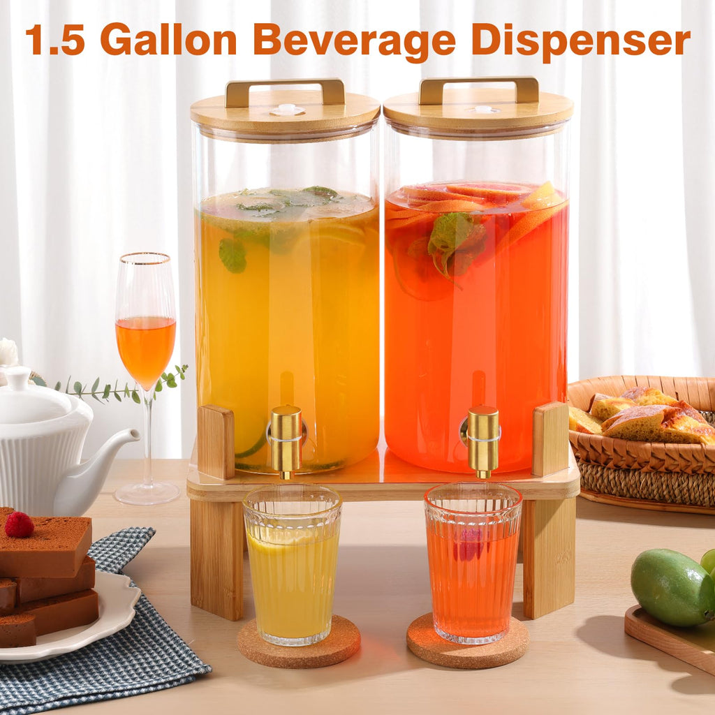 1.5 Gallon Glass Drink Dispenser with Wooden Stand L45713