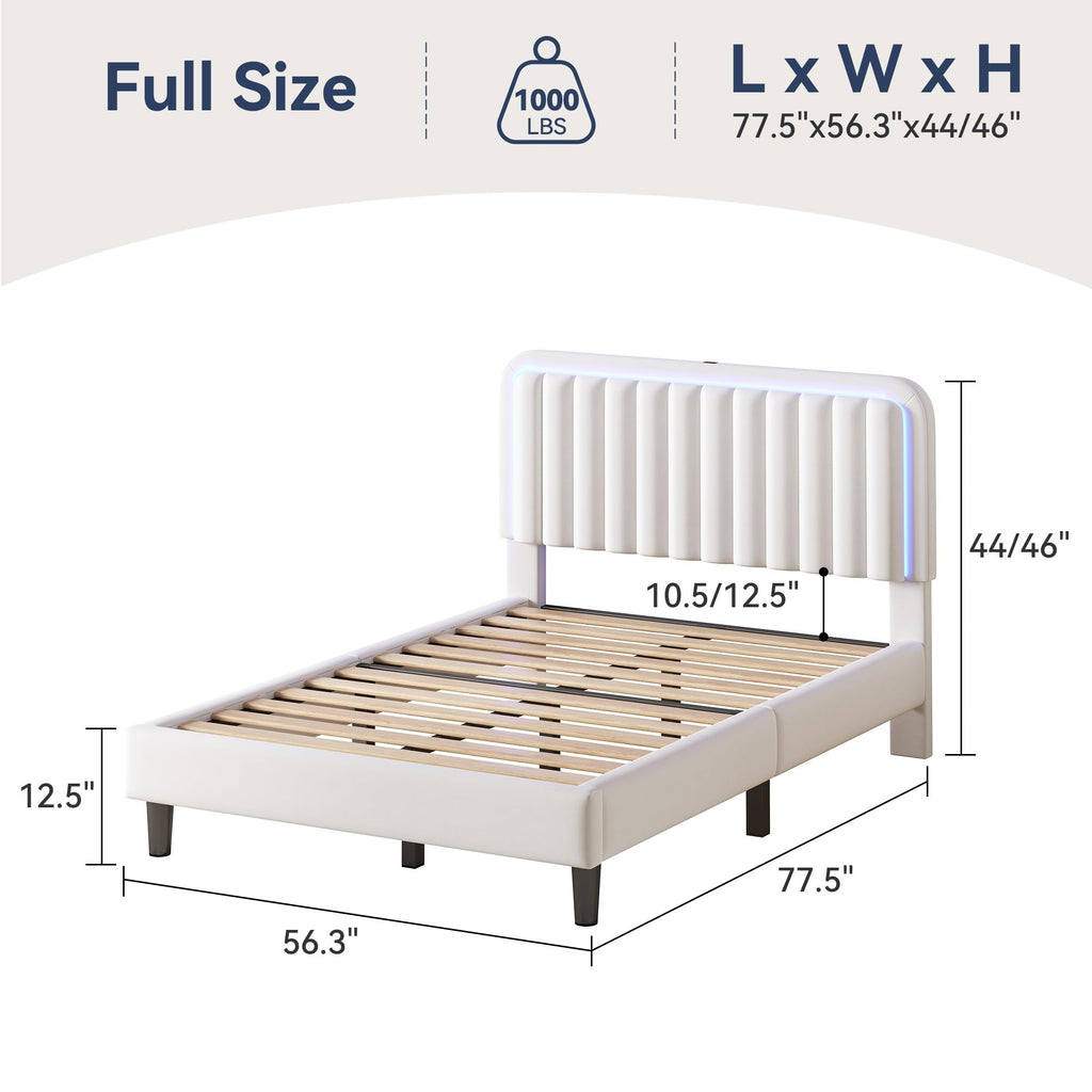White Velvet Upholstered Full Size Platform Bed Frame with Charging Station O951