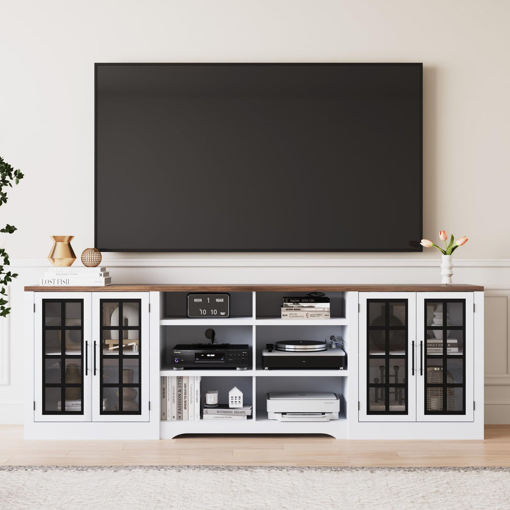 White Black TV Stand with 2 Cabinets and 3-Tier Shelves Z4148