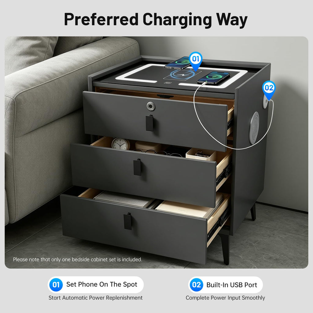 Solid Wood Nightstand with Charging Station F558