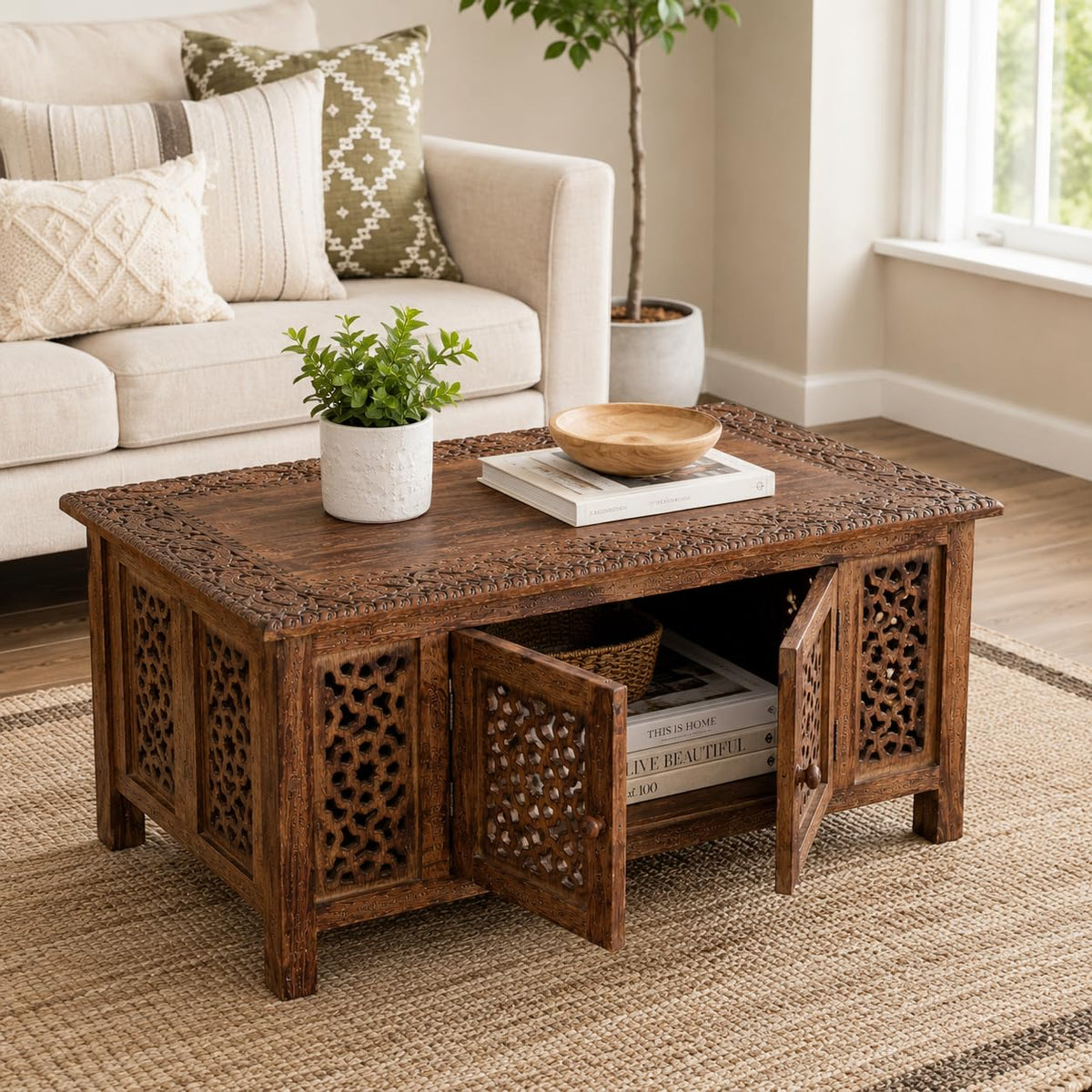 Hand-Carved Mango Wood Coffee Table Q781