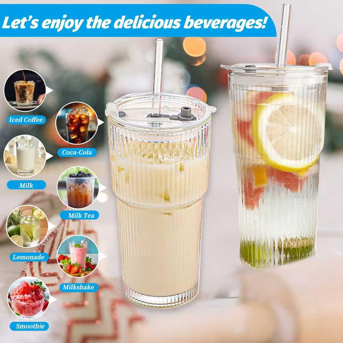 20 oz Clear Ribbed Glass Tumbler with Lid and Straw Y77248