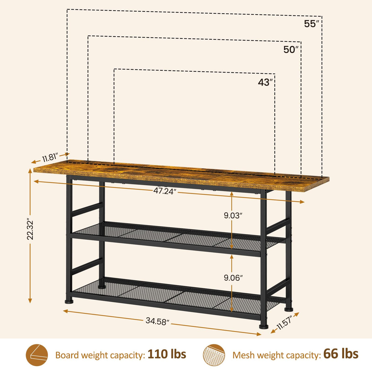 Rustic Brown TV Stand up to 55 Inch with 3 Tier Storage Shelves Z940