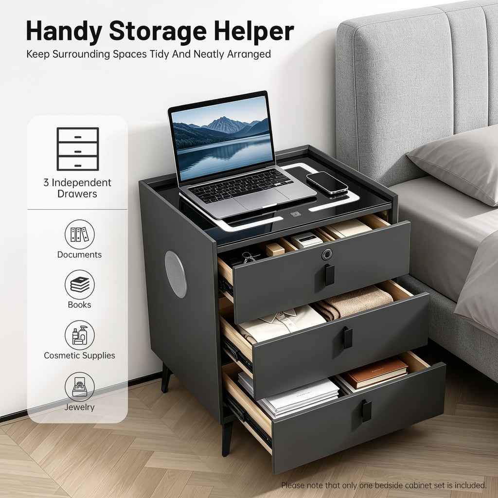 Solid Wood Nightstand with Charging Station F558