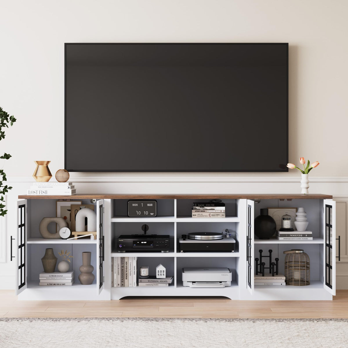 White Black TV Stand with 2 Cabinets and 3-Tier Shelves Z4148