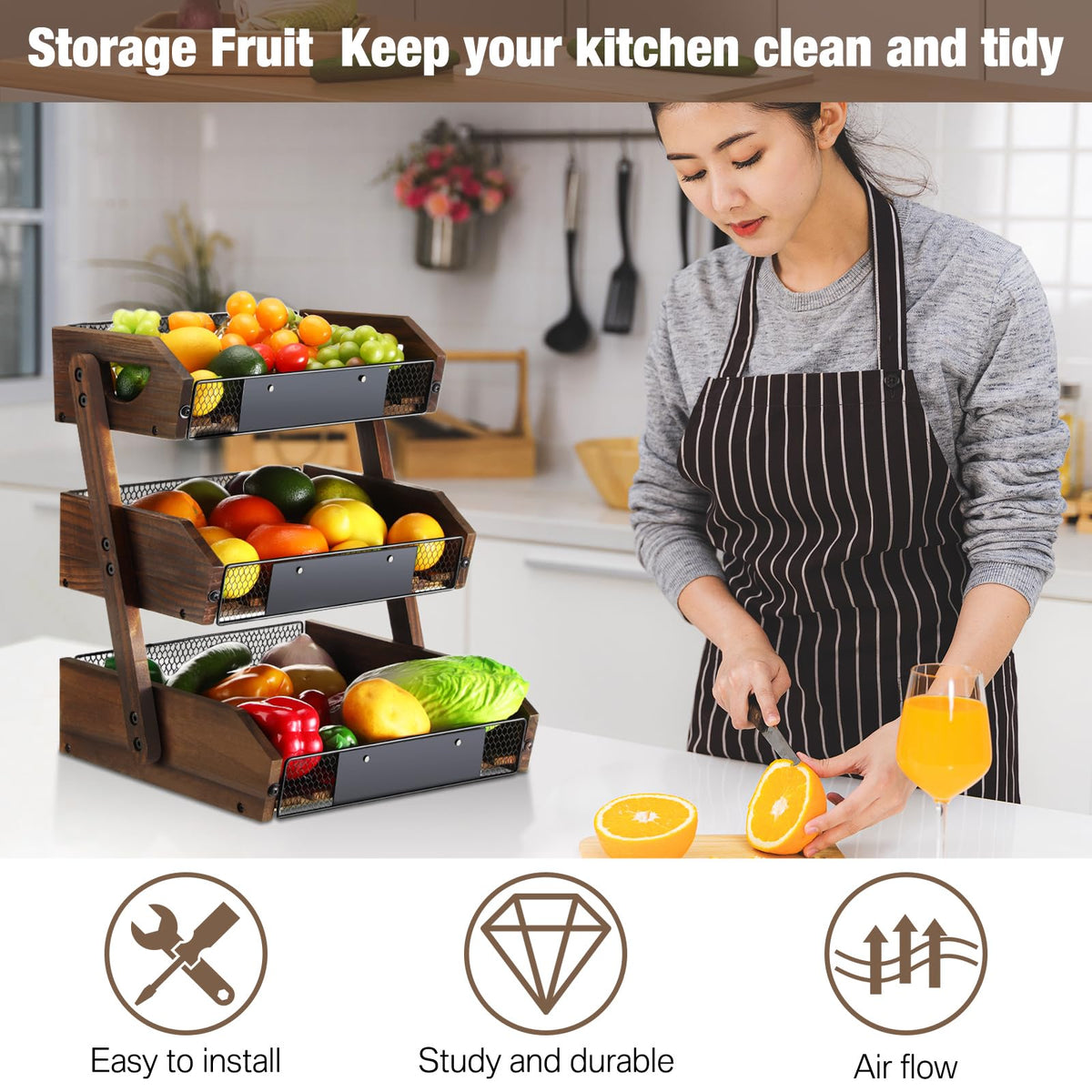 3 Tier Wooden Fruit Basket with Banana Hangers E9907