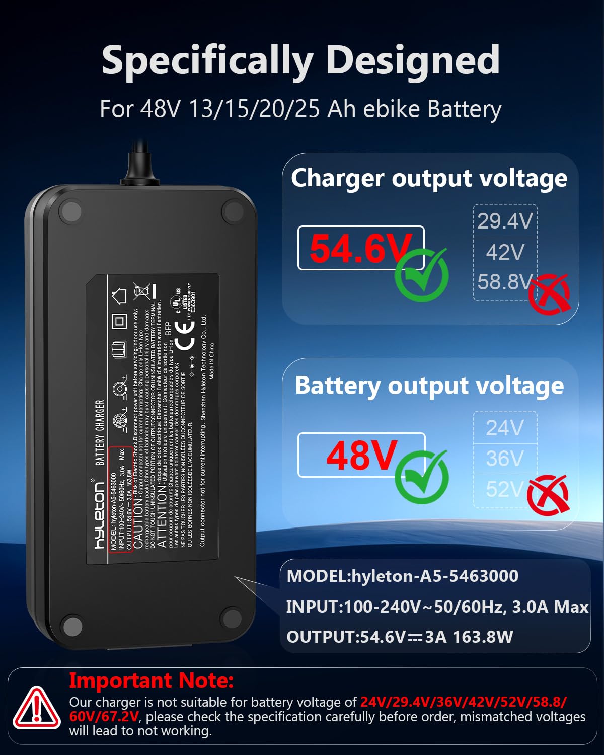 54.6V 3A ebike Charger for 48V Lithium Batteries J958560