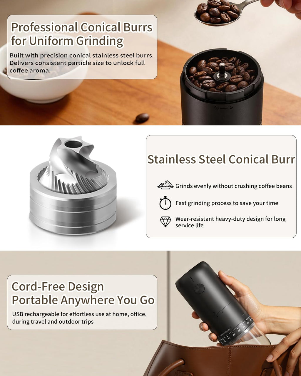 Rechargeable Electric Burr Coffee Grinder with Stainless Steel Conical Burr, Black A28730