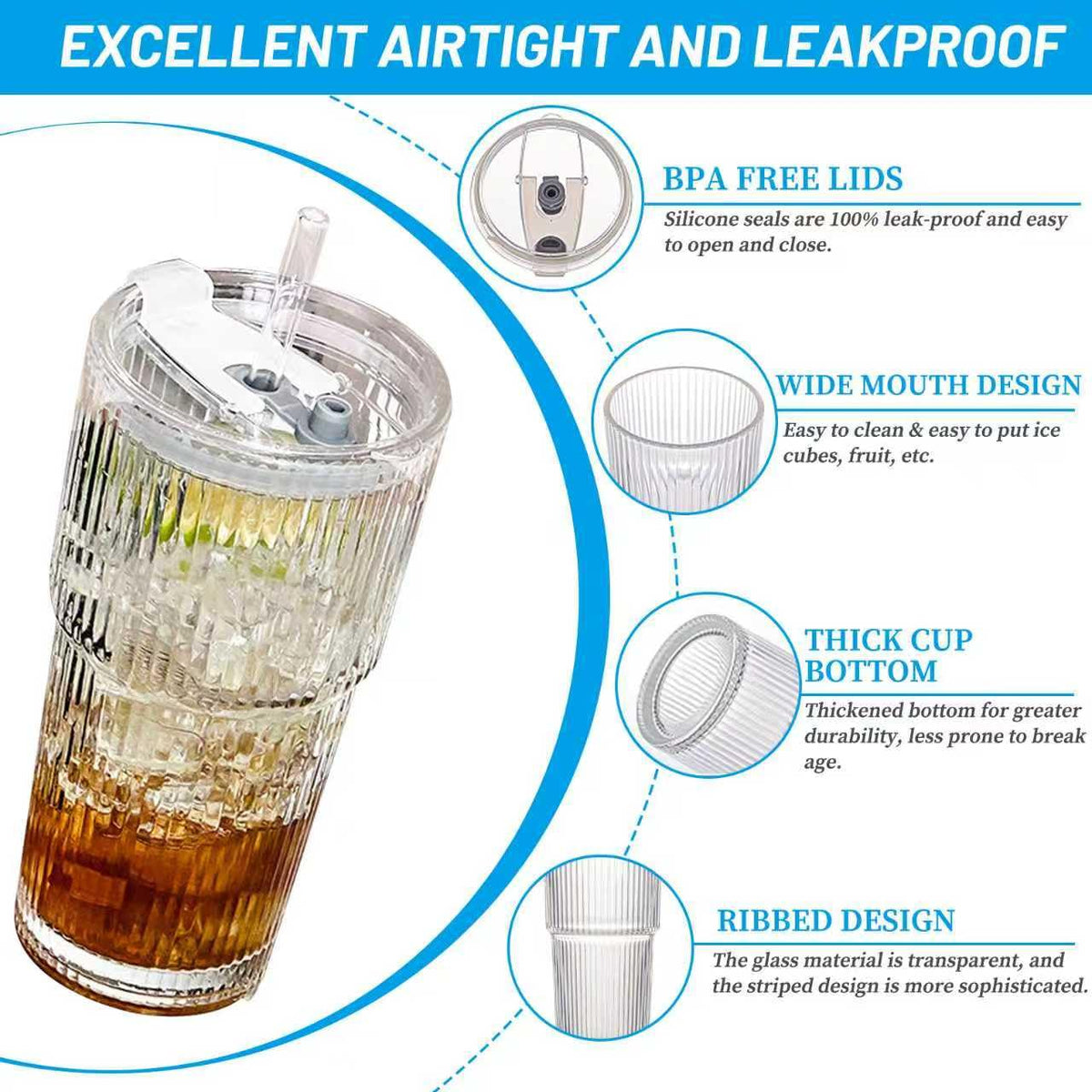 20 oz Clear Ribbed Glass Tumbler with Lid and Straw Y77248