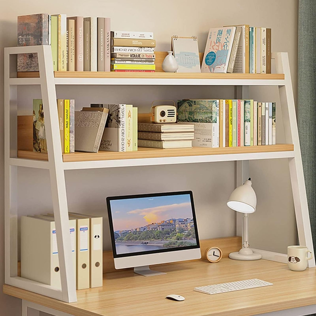 White 2-Tier Wood Desktop Bookshelf C3558