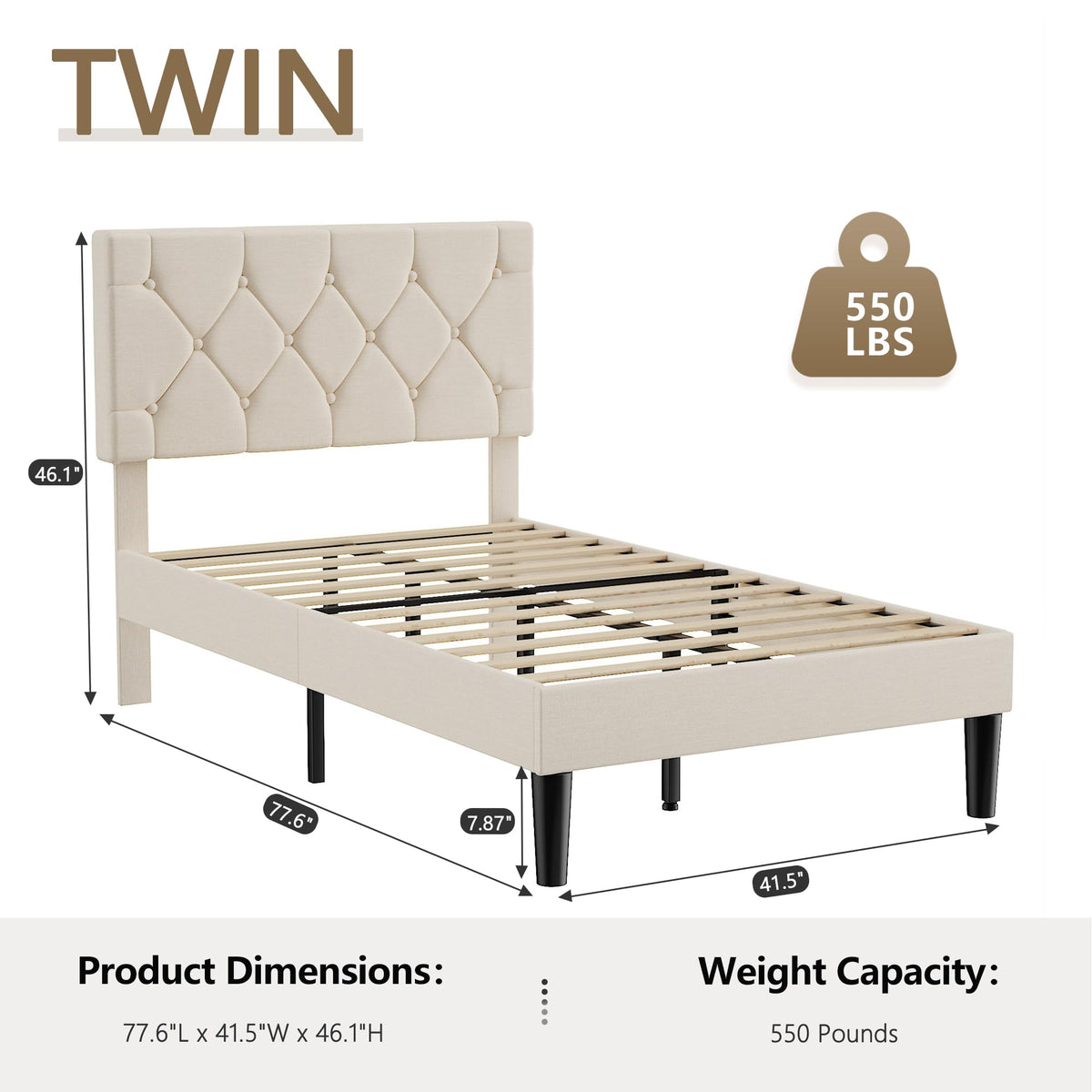 Twin Bed Frame with Upholstered Tufted Headboard, Beige C791