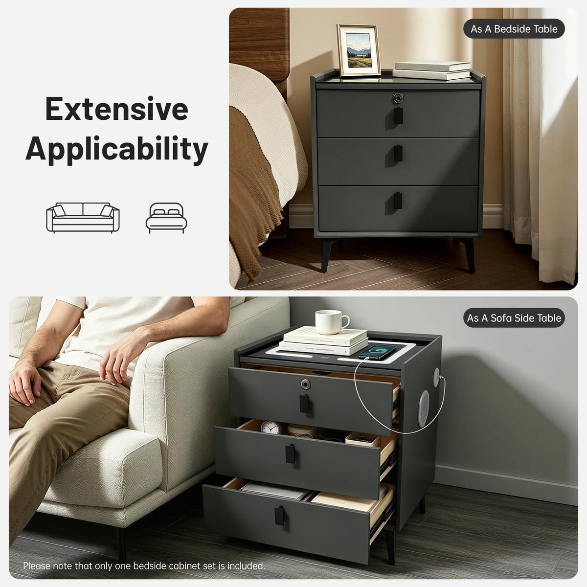 Solid Wood Nightstand with Charging Station F558