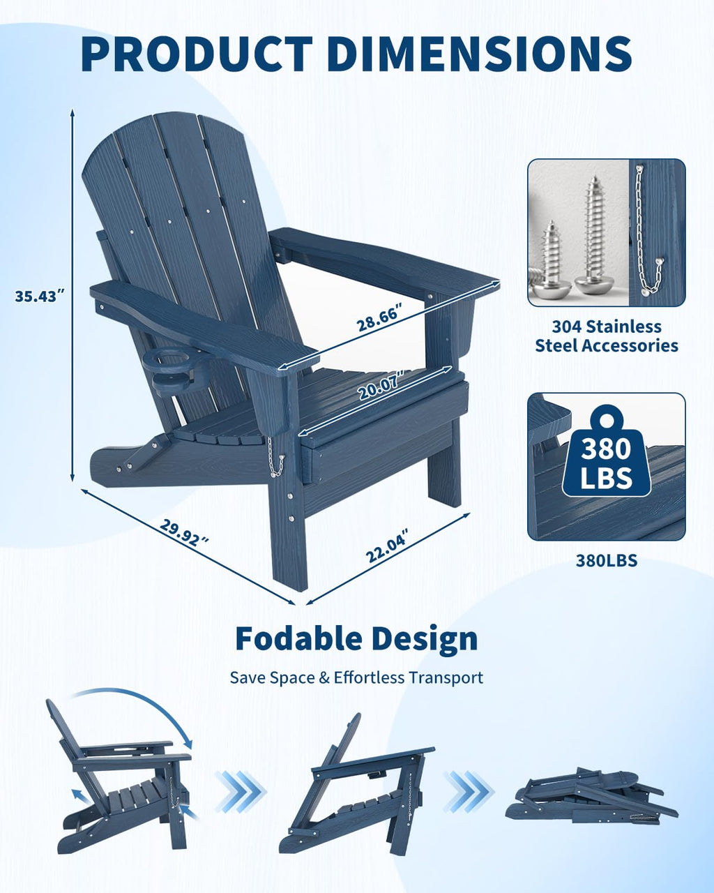 Navy Blue HDPE Folding Adirondack Chair Set of 6 with Cup Holder W498086