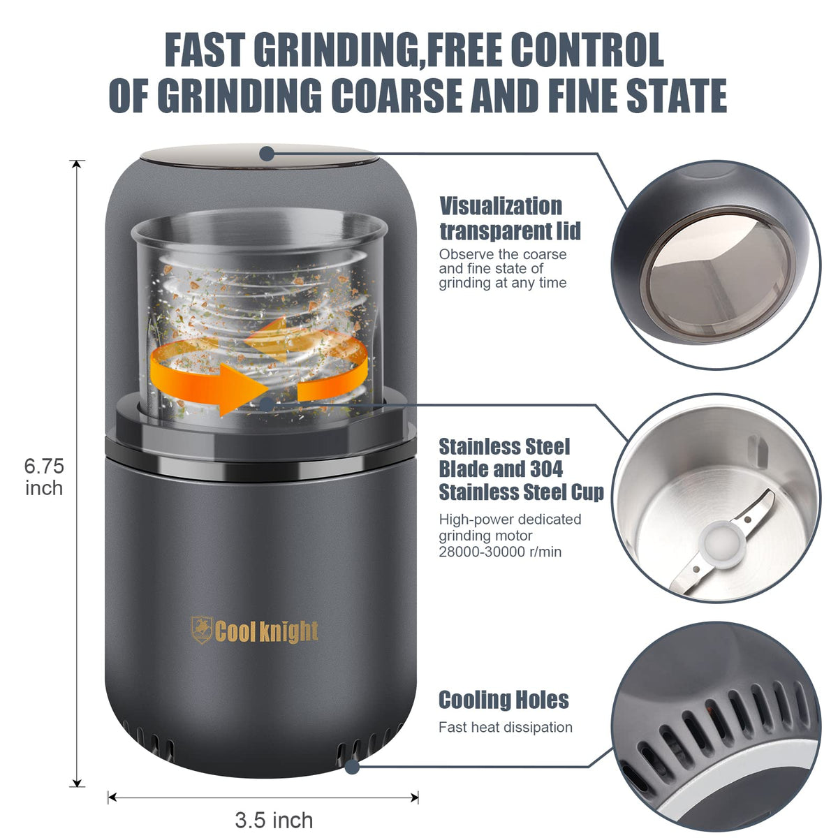 Electric Herb Grinder with Pollen Catcher 7.5" Grey T8497