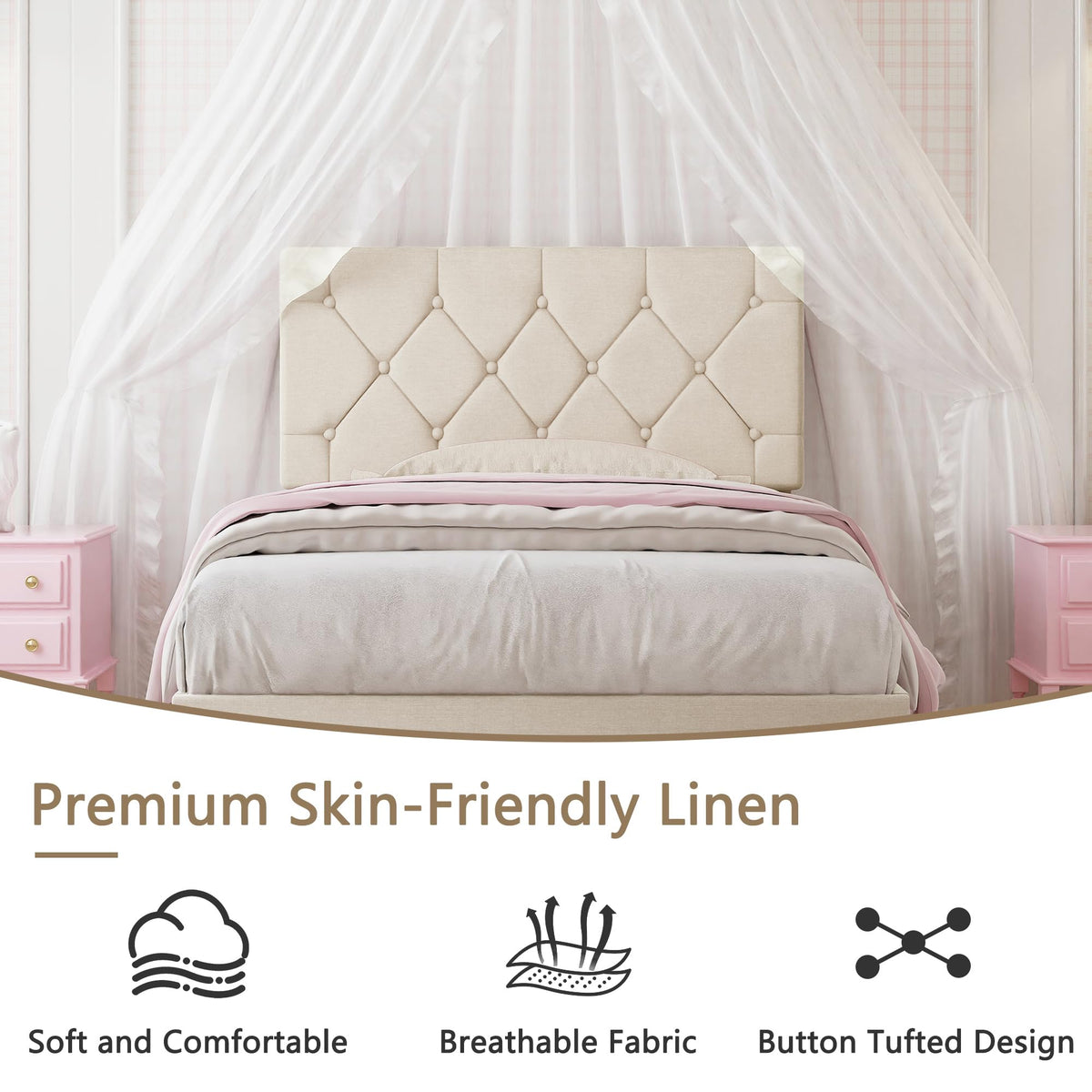 Twin Bed Frame with Upholstered Tufted Headboard, Beige C791