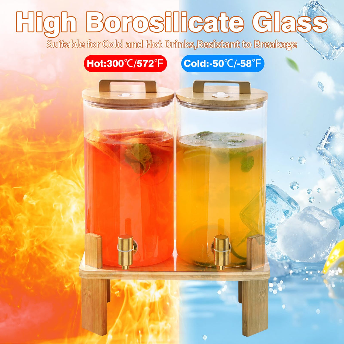 1.5 Gallon Glass Drink Dispenser with Wooden Stand L45713