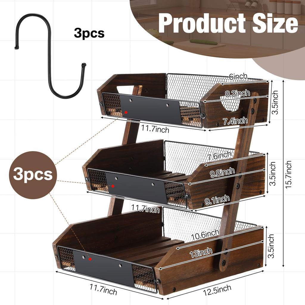 3 Tier Wooden Fruit Basket with Banana Hangers E9907