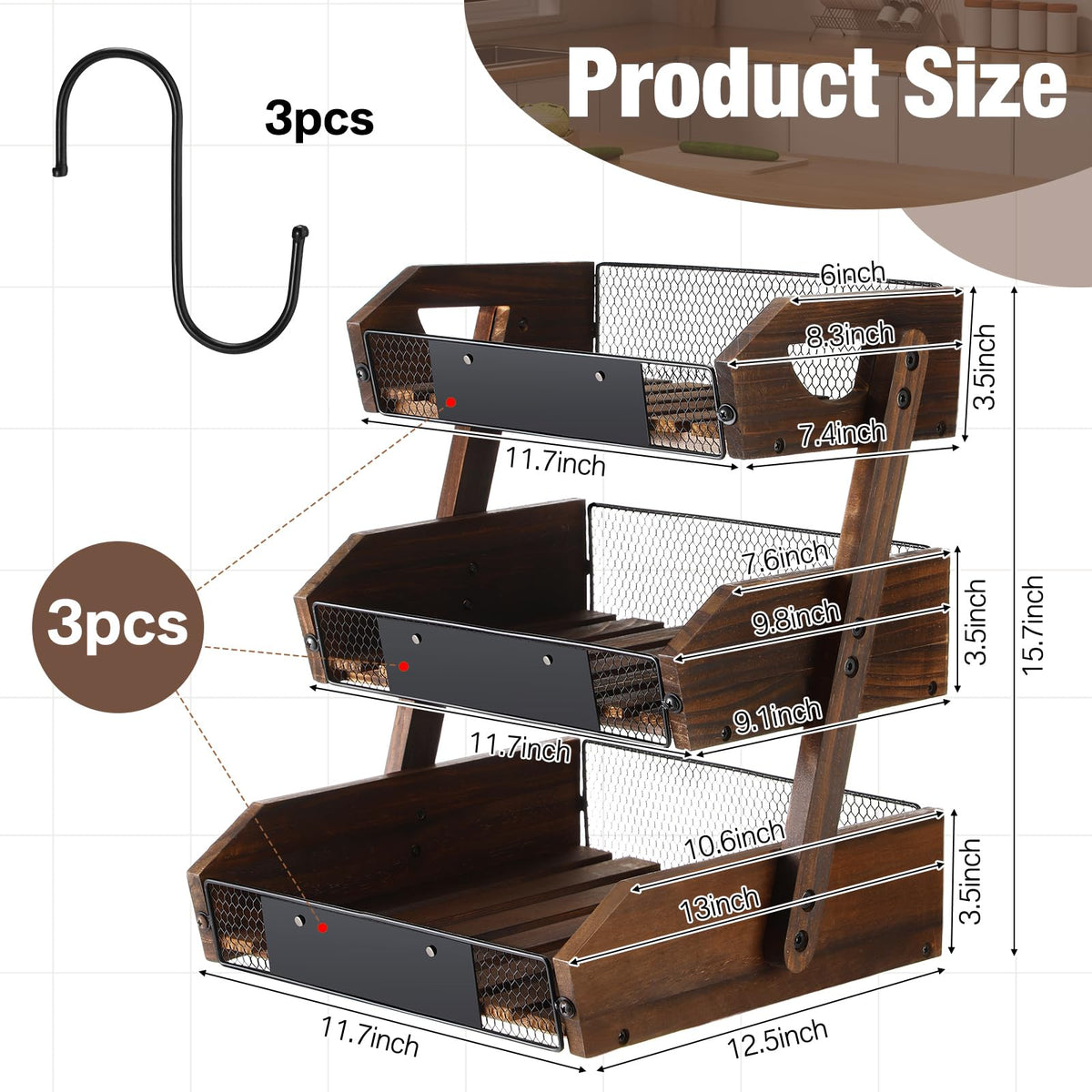 3 Tier Wooden Fruit Basket with Banana Hangers E9907