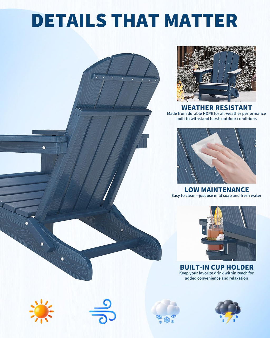 Navy Blue HDPE Folding Adirondack Chair Set of 6 with Cup Holder W498086