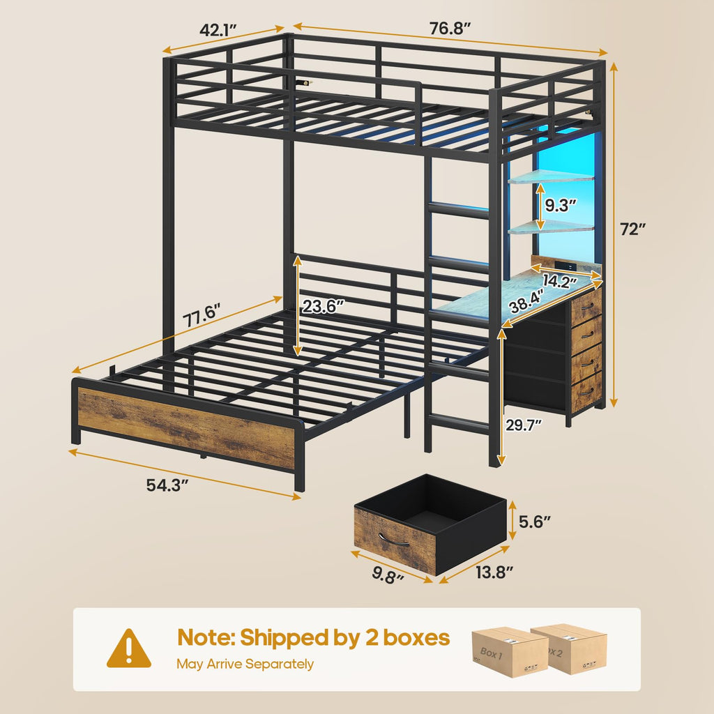 Twin Over Full Bunk Bed with Desk & 4 Storage Drawers, Black N87204