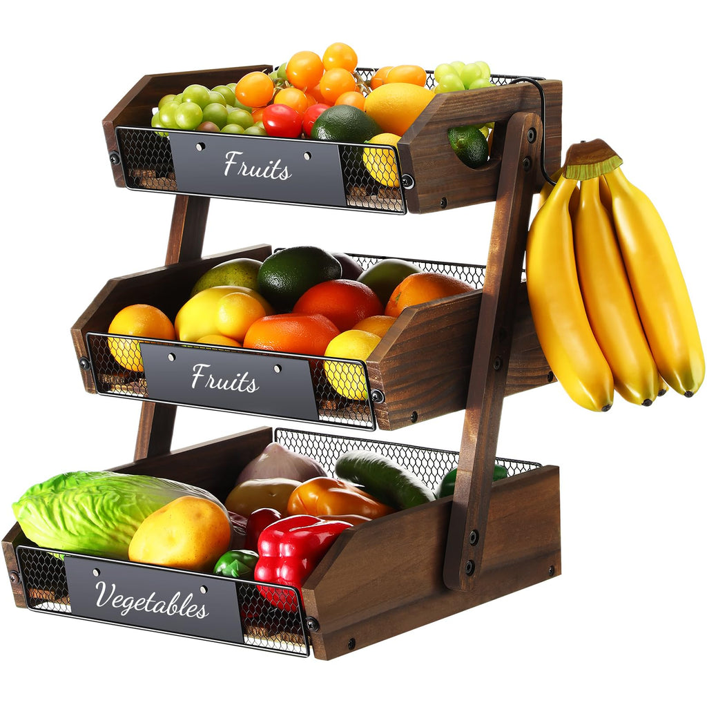 3 Tier Wooden Fruit Basket with Banana Hangers E9907