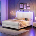 White Velvet Upholstered Full Size Platform Bed Frame with Charging Station O951