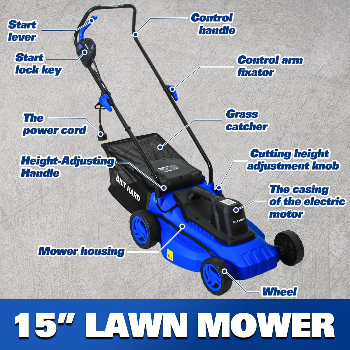 15" Corded Electric Push Mower with 35L Grass Bag N12884