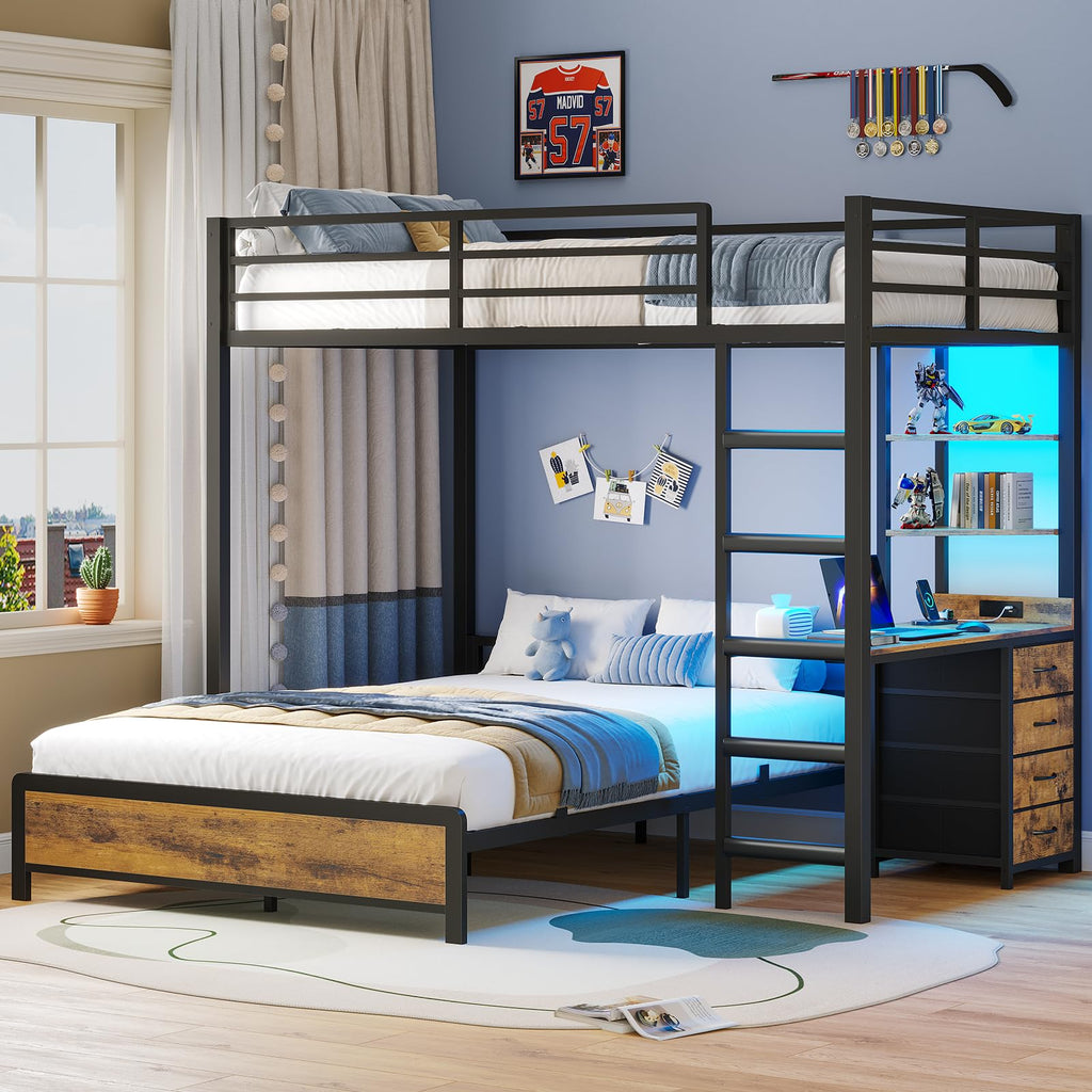 Twin Over Full Bunk Bed with Desk & 4 Storage Drawers, Black N87204