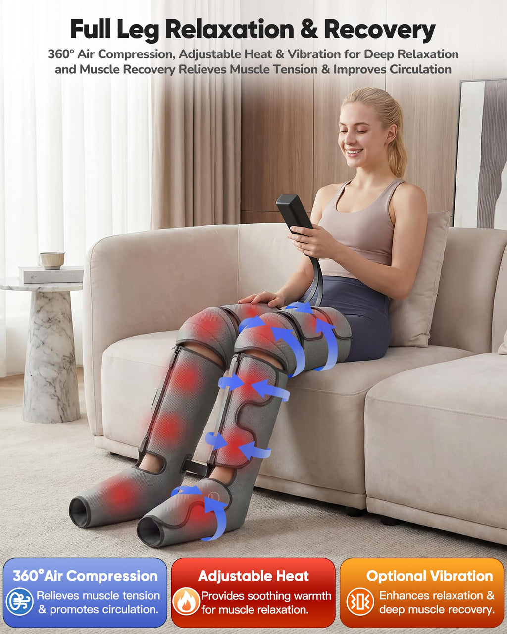 Air Compression Leg Massager with Heat, 9 Intensity, 4 Modes, 3 Heating U223