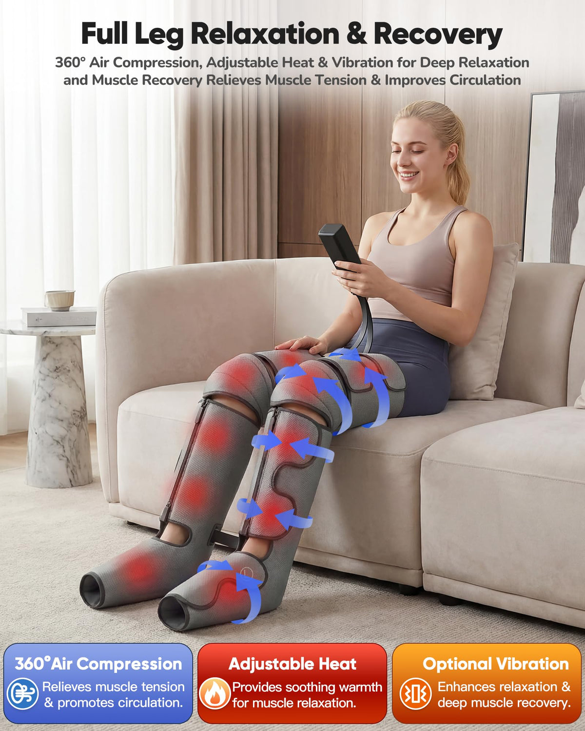 Air Compression Leg Massager with Heat, 9 Intensity, 4 Modes, 3 Heating U223