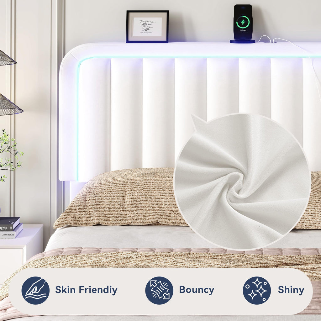 White Velvet Upholstered Full Size Platform Bed Frame with Charging Station O951