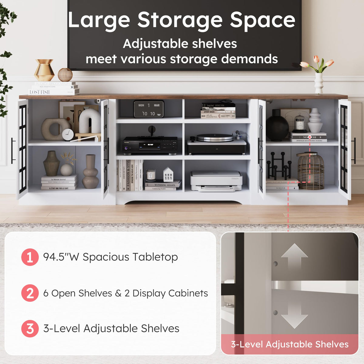 White Black TV Stand with 2 Cabinets and 3-Tier Shelves Z4148