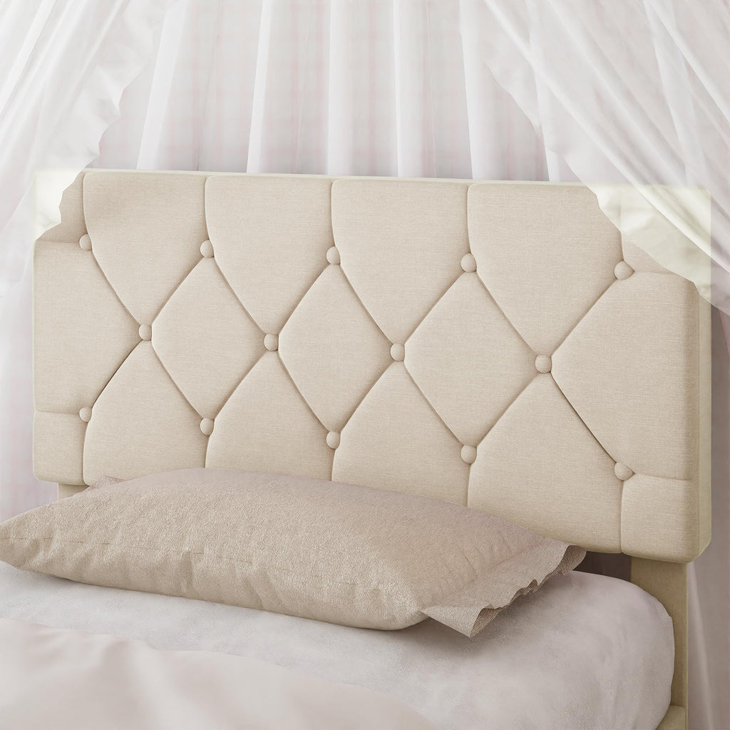 Twin Bed Frame with Upholstered Tufted Headboard, Beige C791
