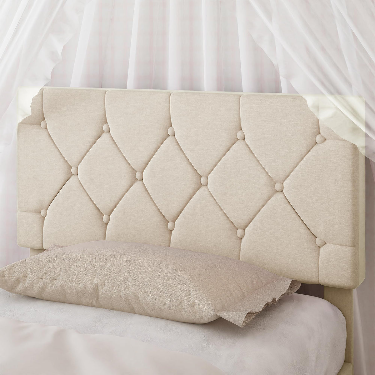 Twin Bed Frame with Upholstered Tufted Headboard, Beige C791