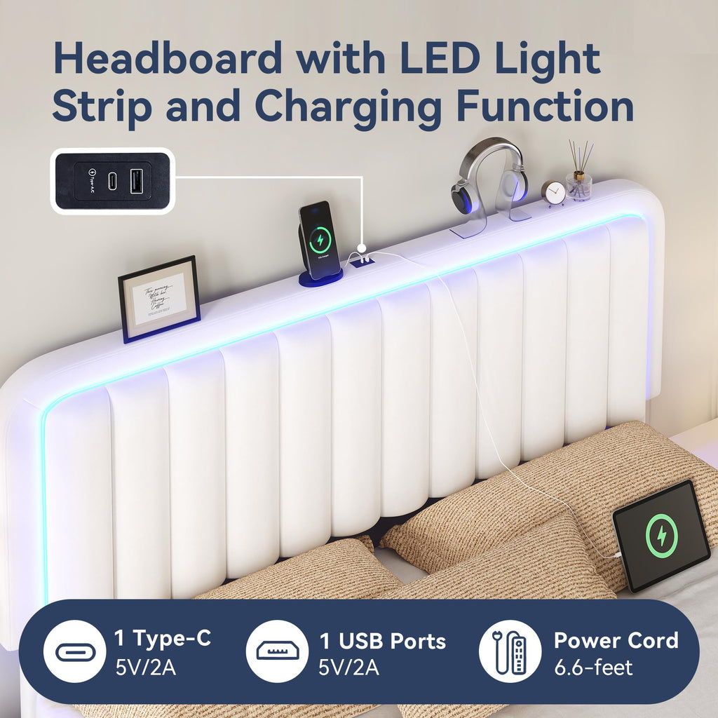 White Velvet Upholstered Full Size Platform Bed Frame with Charging Station O951