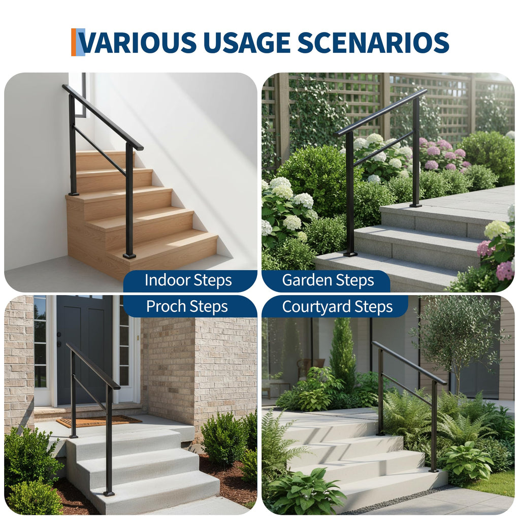 4 Step Black Aluminum Iron Outdoor Stair Handrail Kit X4273